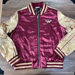 Wonder Woman Jacket L Satin Letterman Silky Yellow Burgundy Embroidered Full Zip